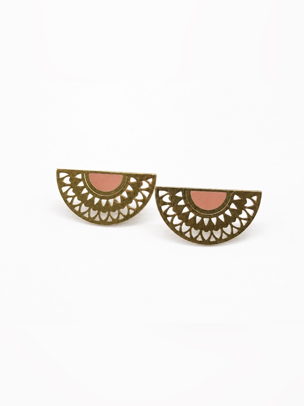Chic Alors Paris Gold Tone Half Moon Filigree Pink Enamel Detail Earrings Boho